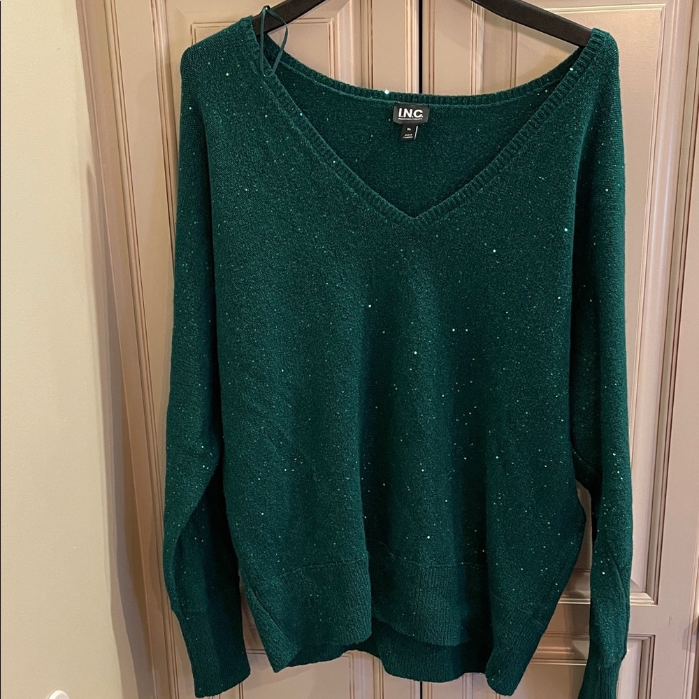Inc Women's Deep Green sequins Holiday V-Neck Sweater XL